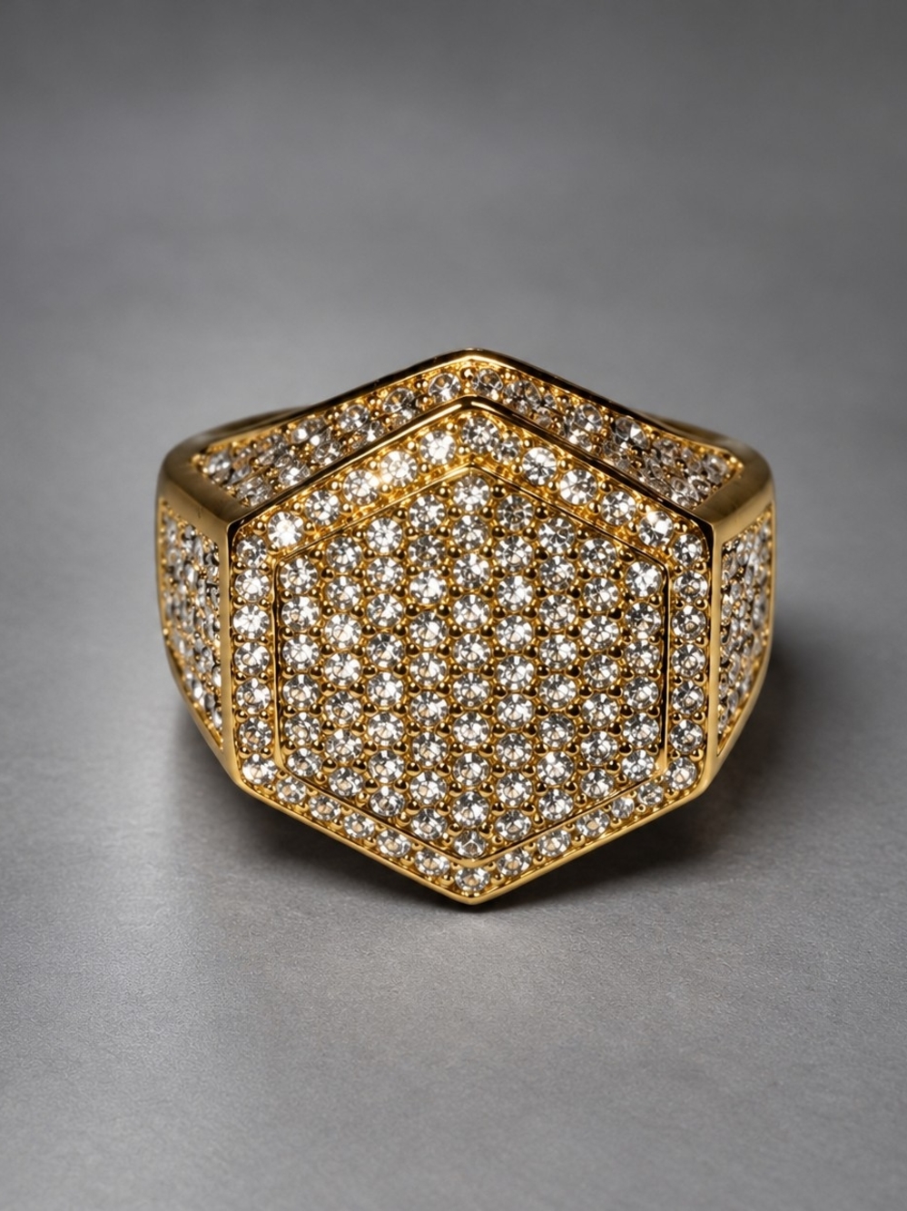 Gold Pave Hexagon Signet Ring - Men's Fashion Ring Size 9
